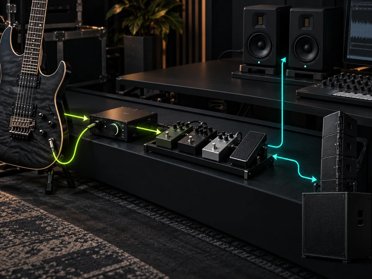 Fluxo de sinal de guitarra entre captura, pedaleira, monitores e PA